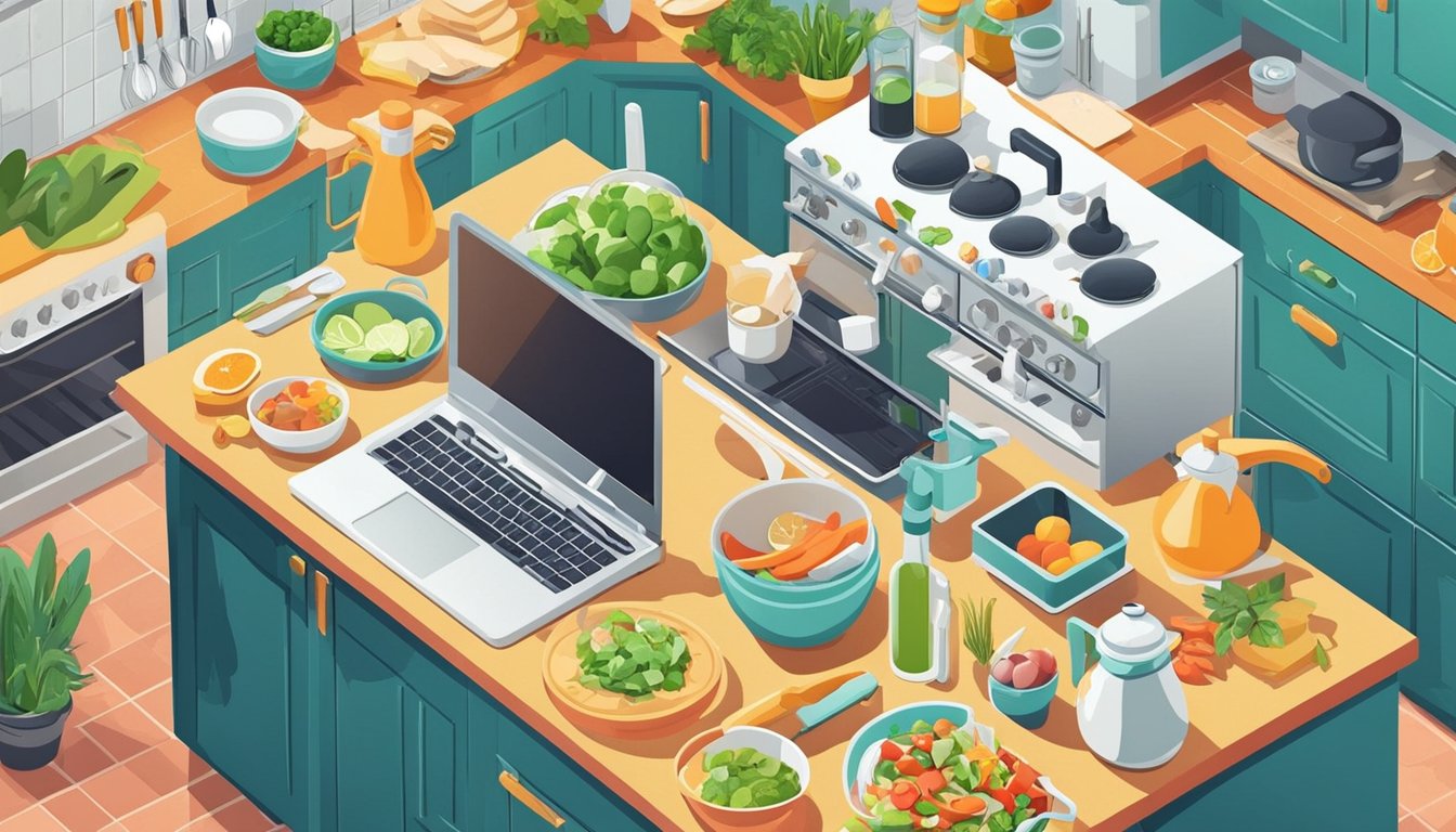 A colorful kitchen with fresh ingredients, cooking utensils, and a laptop open to an SEO guide.</p><p>A beginner chef prepares to elevate their cooking blog