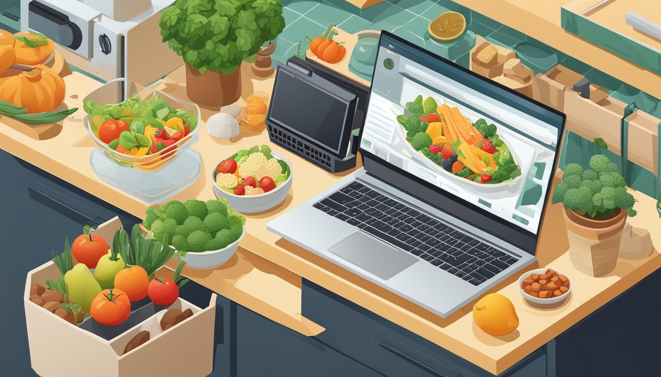 A kitchen counter with fresh ingredients, a laptop open to a cooking blog, and a camera capturing high-quality images of the food