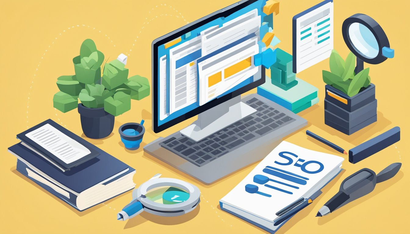 A desk with a computer, notebook, and pen.</p><p>On the screen, a list of 9 steps for a comprehensive SEO audit checklist for e-commerce websites.</p><p>A magnifying glass hovers over the list