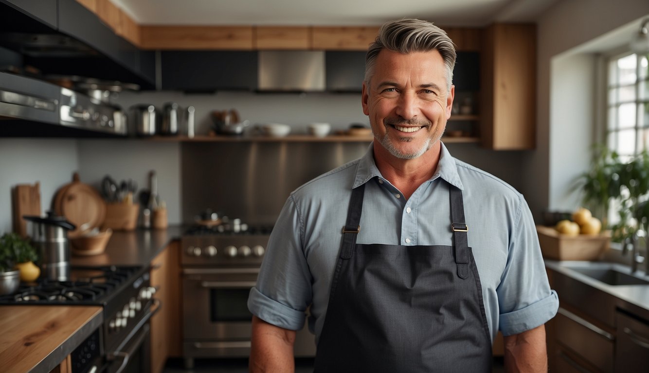 A man stands in a kitchen, wearing a sleek and durable apron. Various styles and colors of aprons are displayed on a nearby rack