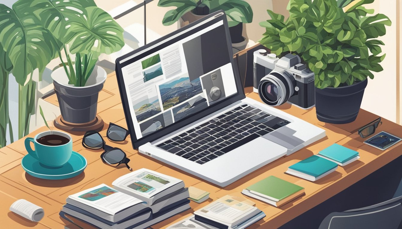 A photographer's desk with a laptop, camera, and notebook surrounded by photography books and magazines.</p><p>A cup of coffee and a potted plant add to the cozy atmosphere