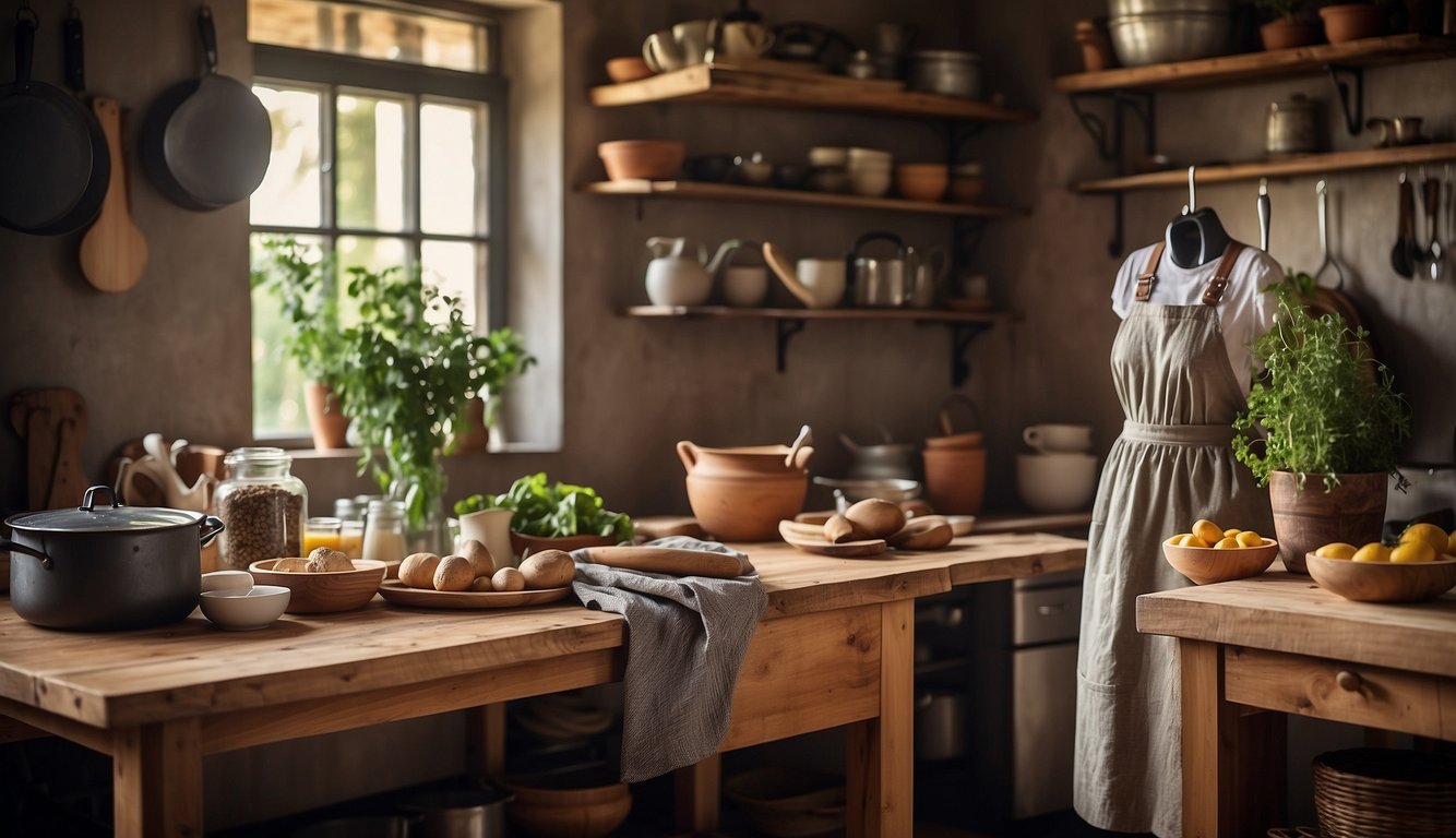 A rustic kitchen setting with a wooden table, hanging pots and pans, and a shelf displaying various styles of linen pinafore aprons