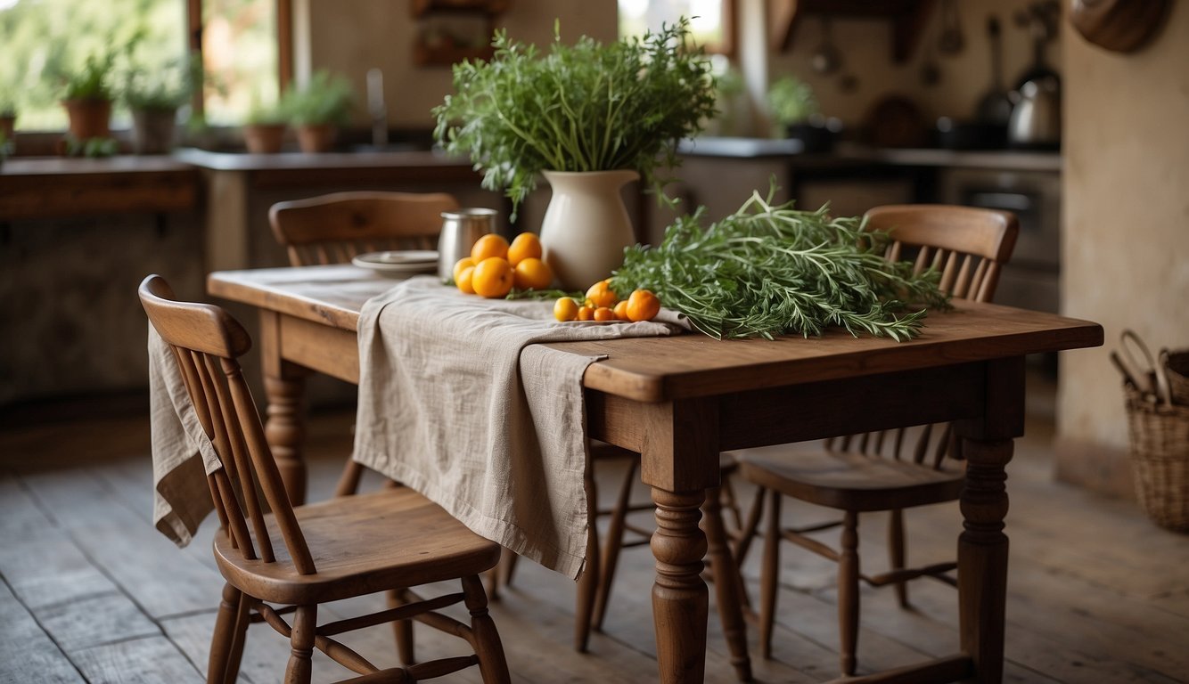 A rustic kitchen scene with a wooden table, hanging herbs, and a linen pinafore-apron draped over a chair