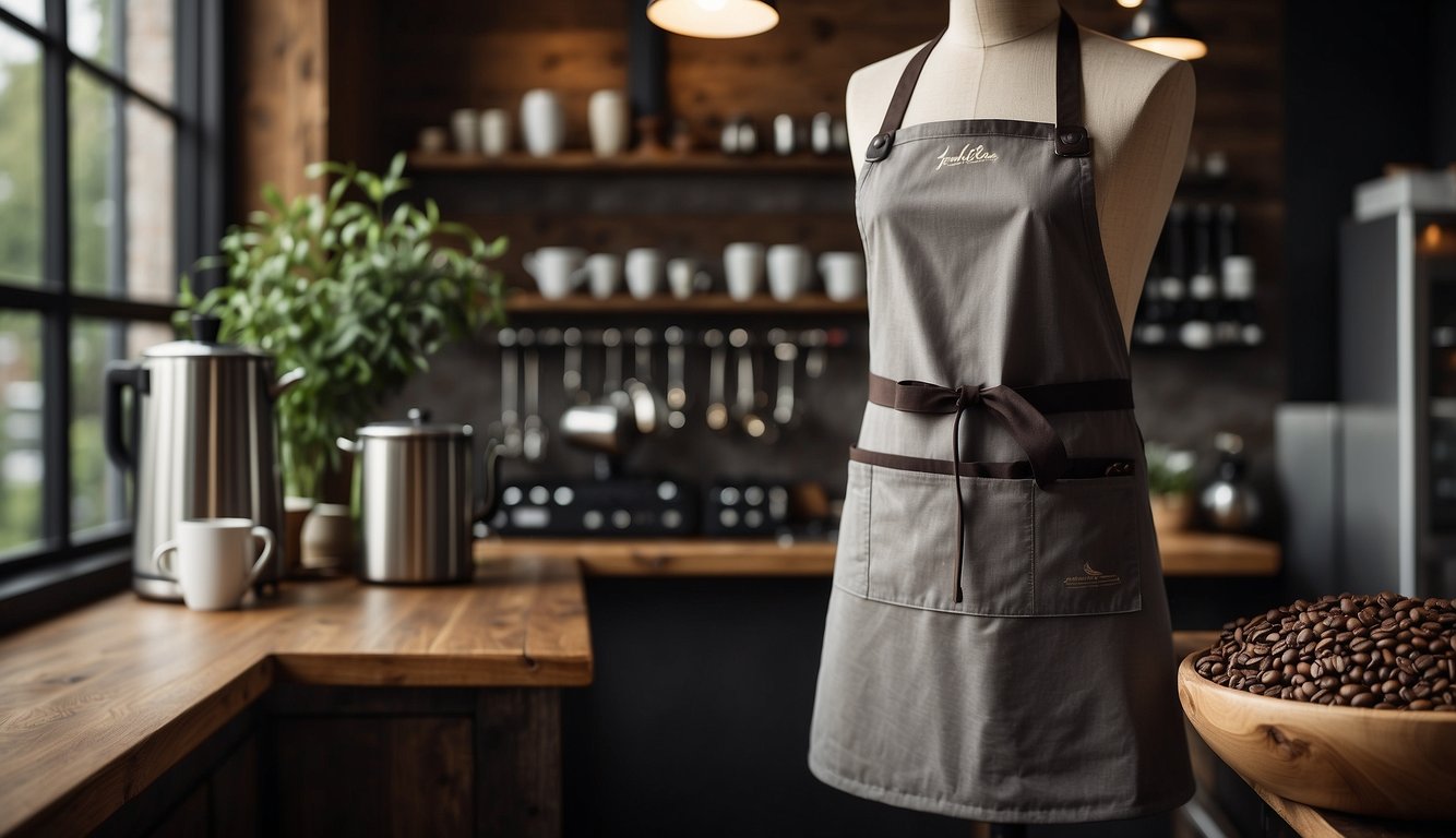 A barista apron hangs on a rustic hook, surrounded by coffee beans and a steam wand. The apron features a sleek design with adjustable straps and multiple pockets