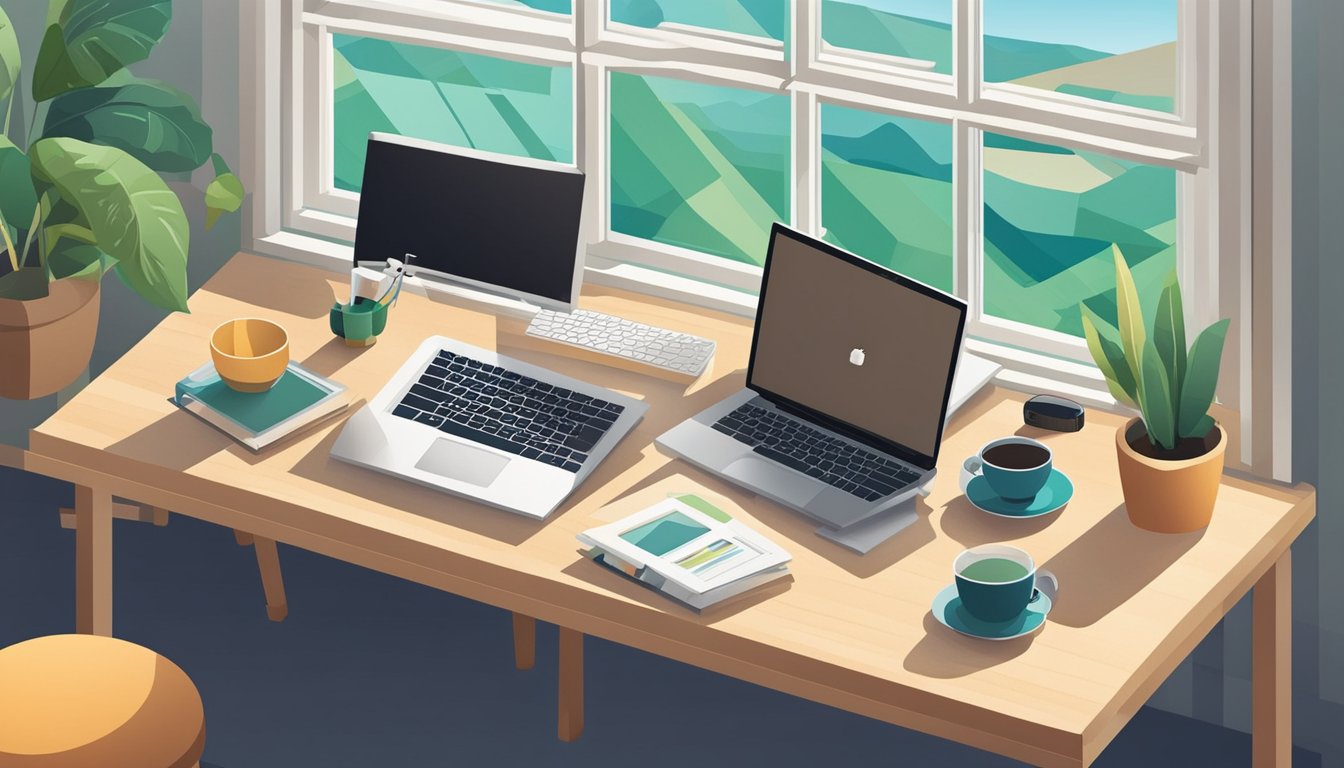 A desk with a laptop, camera, and notebook.</p><p>A window shows a scenic view.</p><p>Keywords like "photography blog" and "keyword research" are visible on the screen