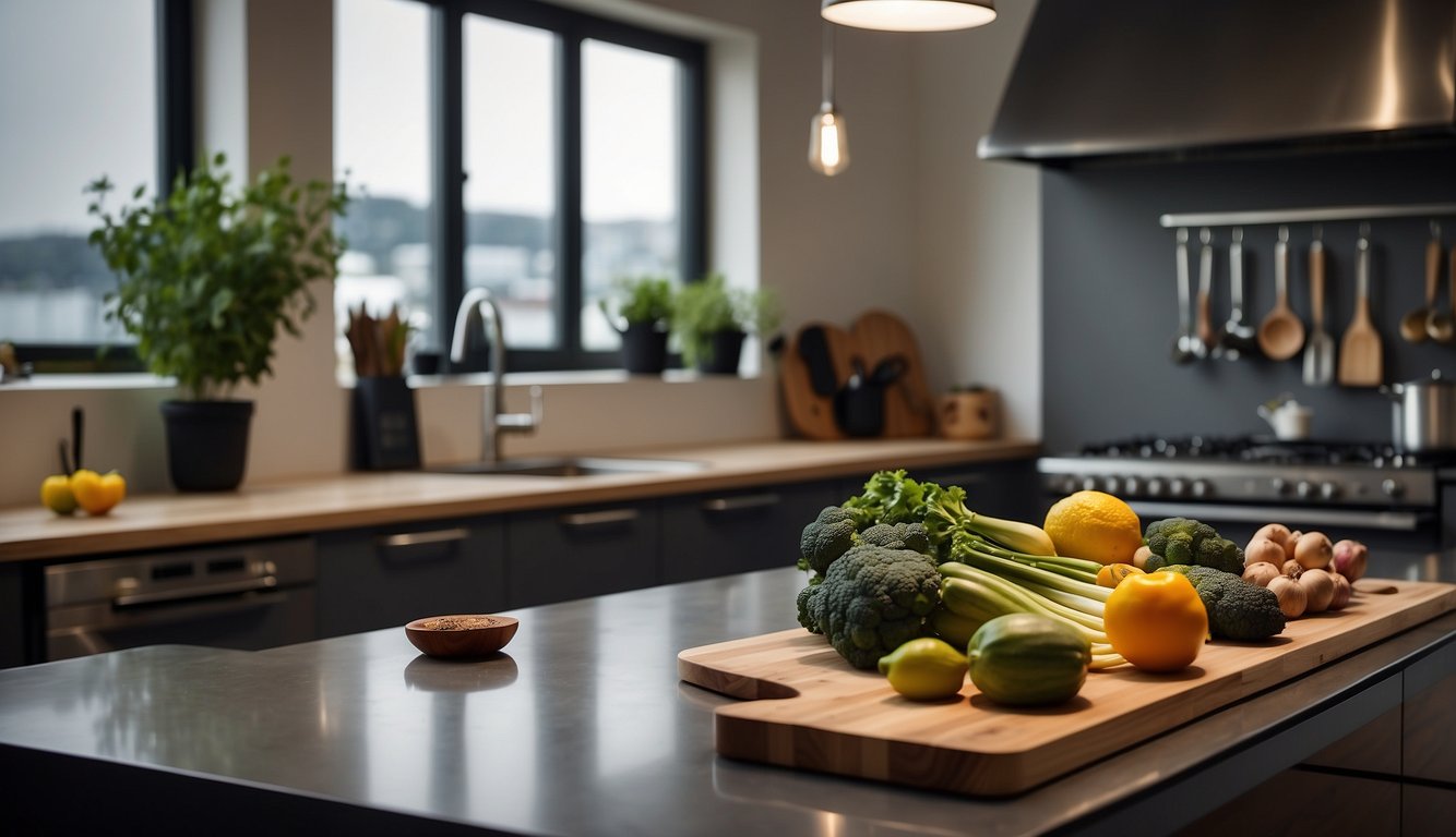 A modern kitchen with a sleek, masculine apron hanging on a hook. Various cooking utensils and ingredients are neatly arranged on the counter