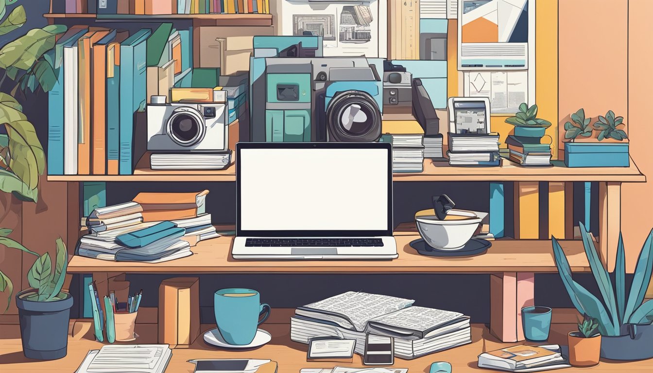 A desk with a laptop, camera, and notepad.</p><p>A wall covered in photography prints.</p><p>A shelf holding books on keyword research