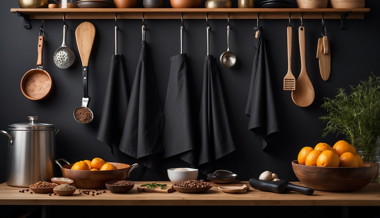 A sturdy, stylish apron hangs from a hook, surrounded by cooking utensils and spices. Choose the right style for men