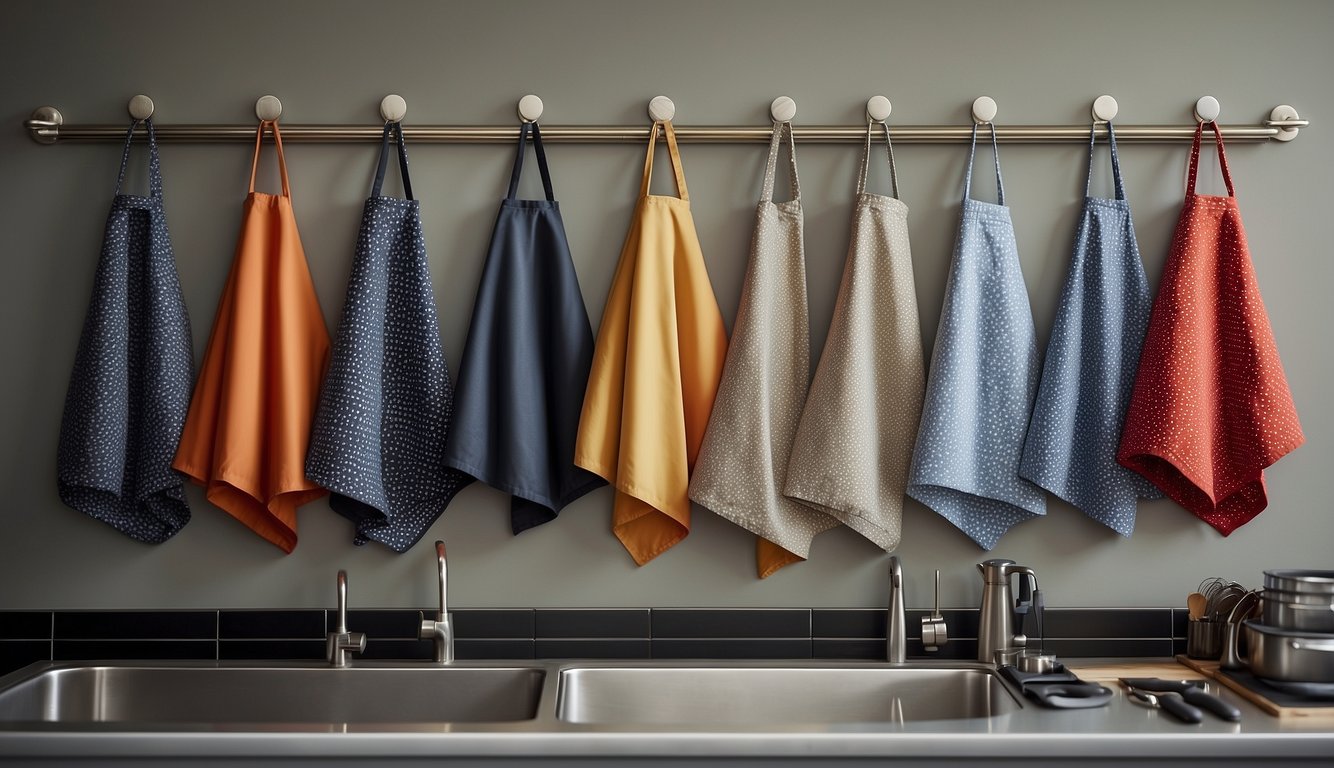 A kitchen counter with a variety of stylish men's aprons hanging on hooks, with different patterns and colors to choose from