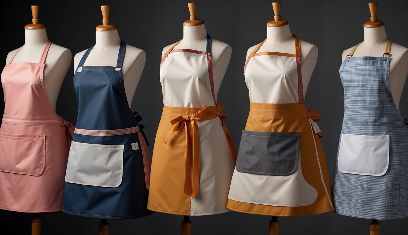 A variety of apron styles displayed with labels and descriptions. Bright lighting and clean background