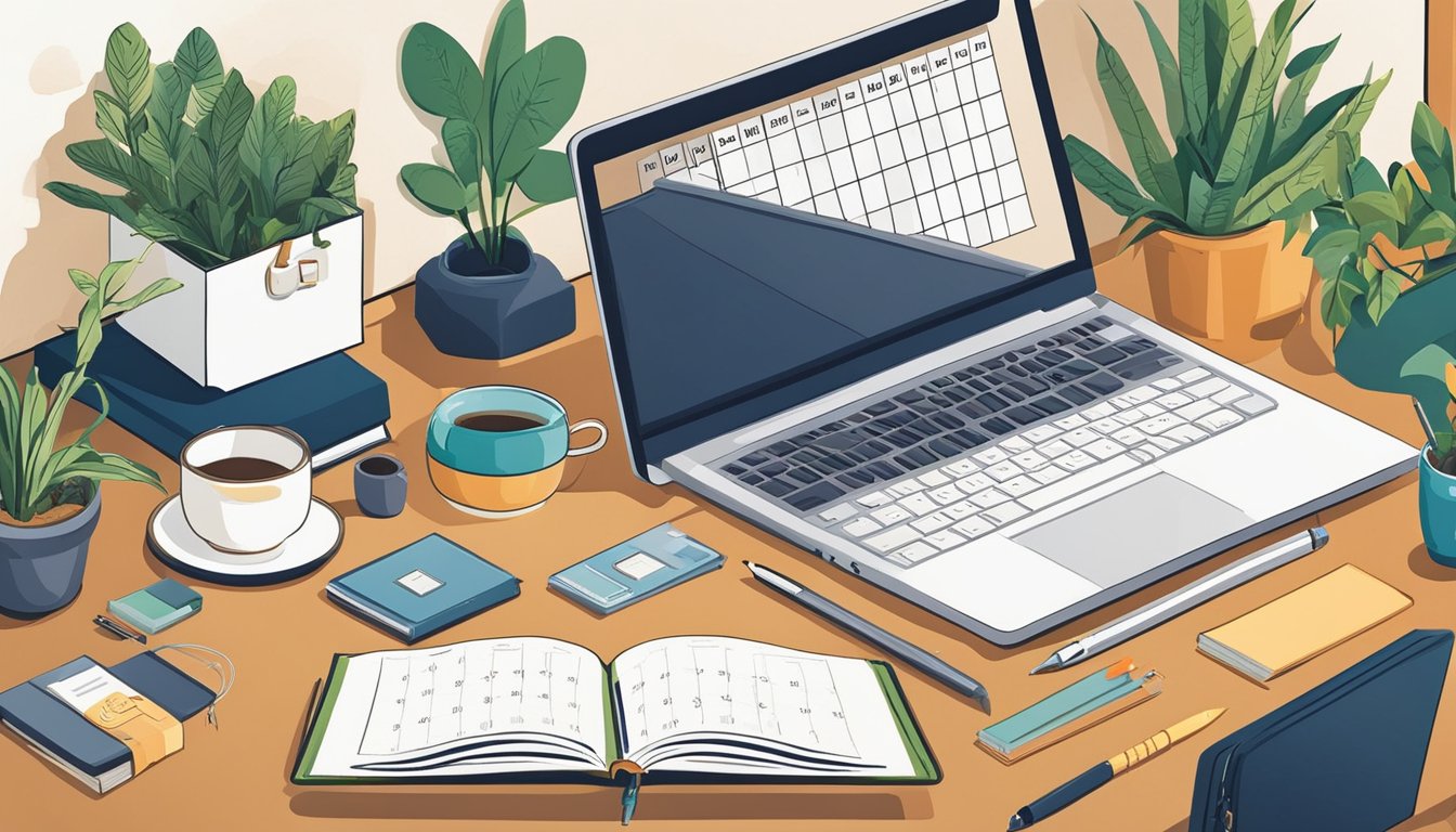 A laptop surrounded by lifestyle items: plants, books, and a cup of coffee.</p><p>A pen and notebook sit nearby, with a calendar on the wall