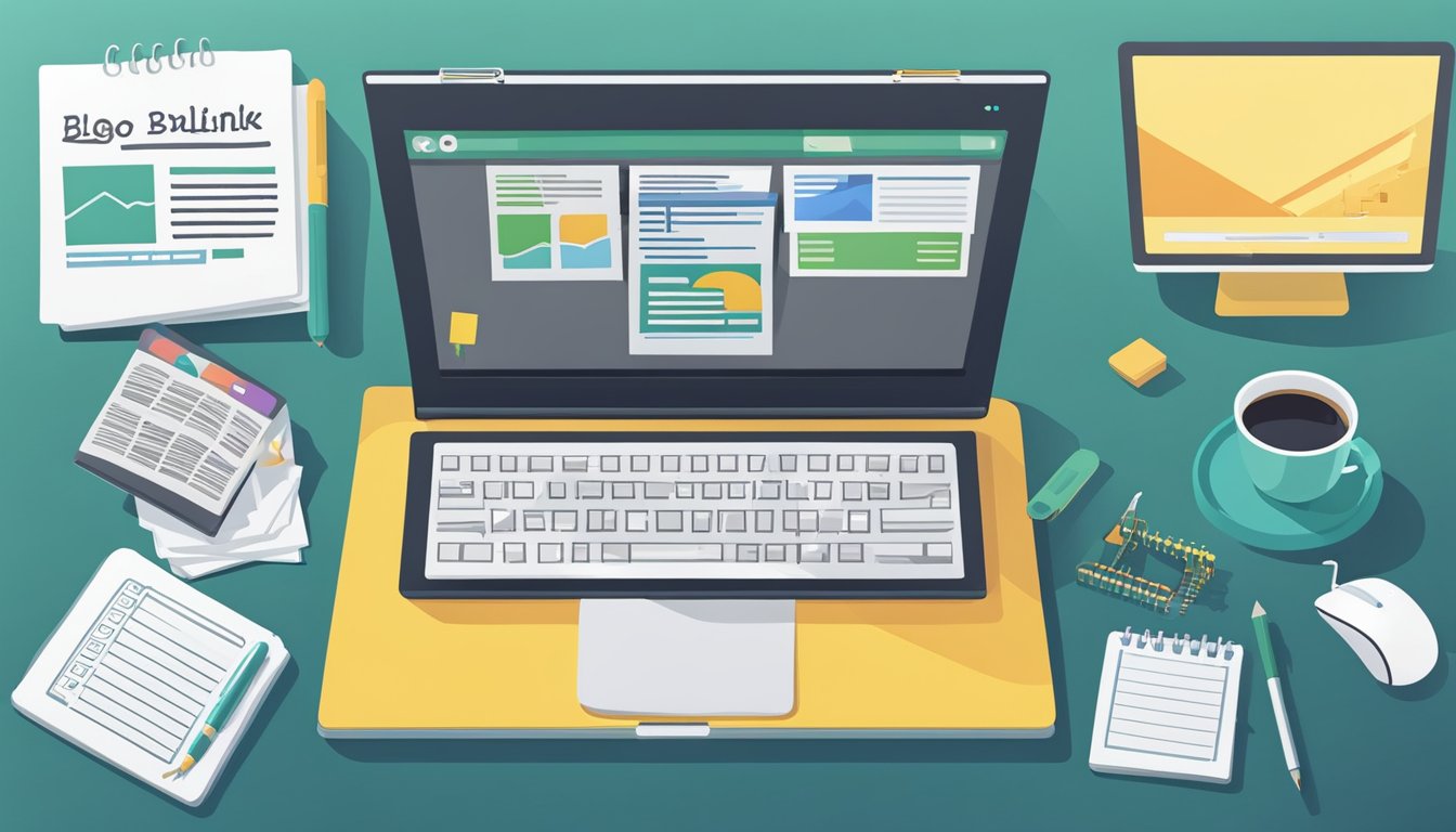 A laptop on a desk with a blog post titled "Quality Backlink Building: 6 Essential SEO Tips for Beginner Lifestyle Blogs" displayed on the screen.</p><p>A notepad and pen sit next to the laptop