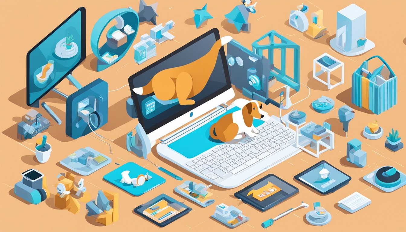 A playful puppy surrounded by pet-related items, with a computer screen showing "10 Tips to Optimize Images for SEO on Pet Blogs" in the background