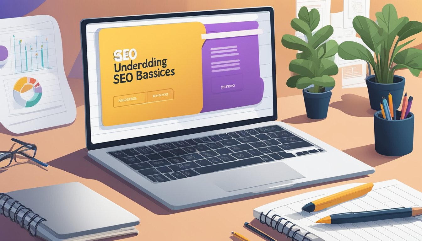 A laptop open on a desk with a blog post titled "Understanding SEO Basics: 6 Essential Tips for Beginner Lifestyle Blogs" displayed on the screen.</p><p>A notebook and pen sit next to the laptop