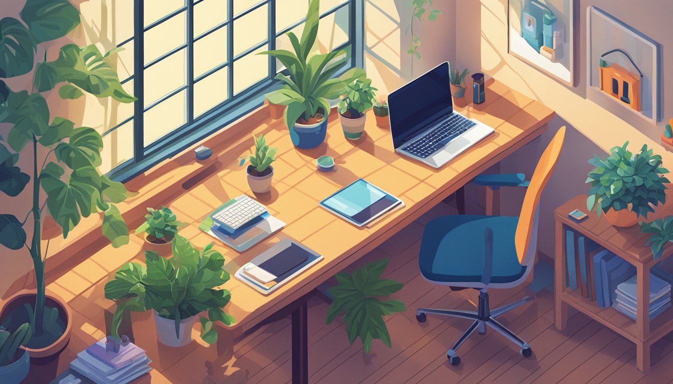 A cozy pet blog office with a laptop, pet toys, and a plant on a desk.</p><p>A sunny window casts a warm glow on the scene