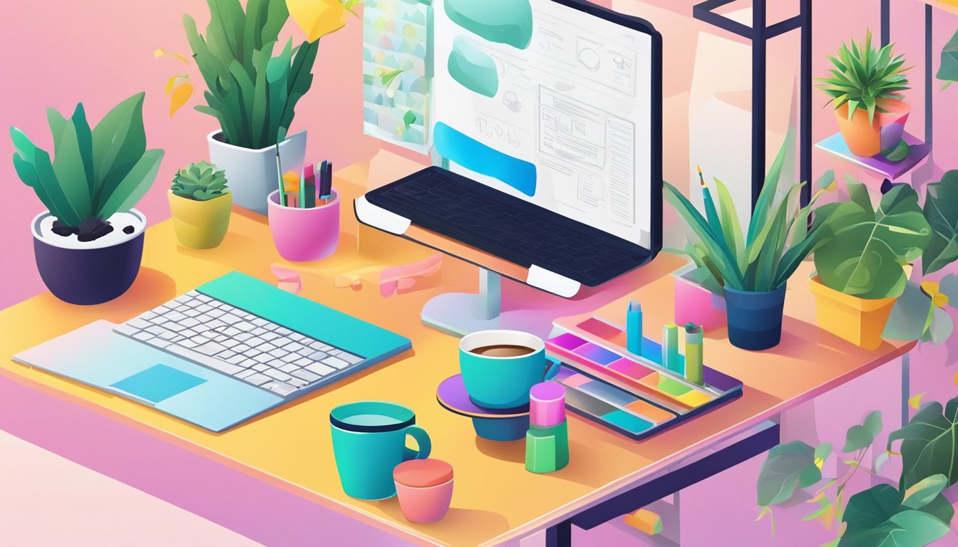 A desk with a laptop, notebook, and colorful makeup products.</p><p>A cup of coffee and a potted plant add to the cozy workspace