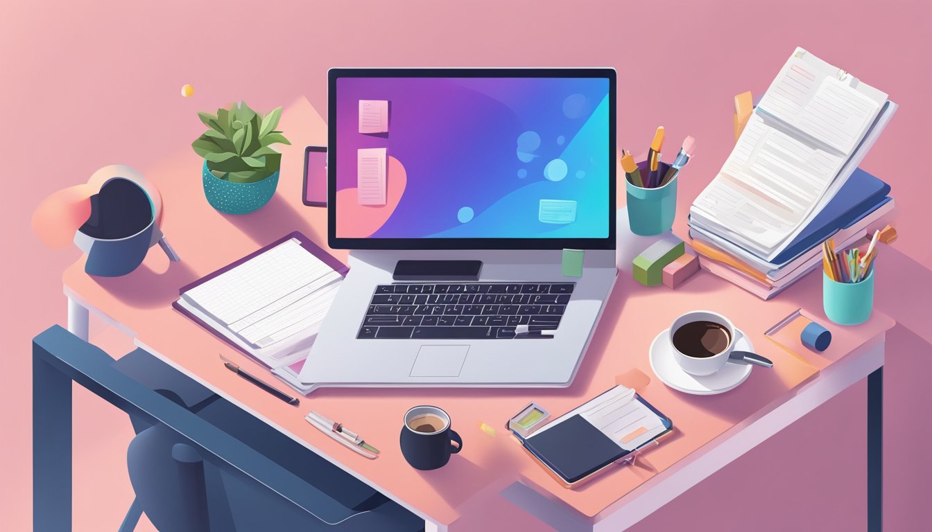 A desk with a laptop, notebook, and pen.</p><p>On the laptop screen, a list of keyword research tools for beauty bloggers.</p><p>A cup of coffee sits nearby