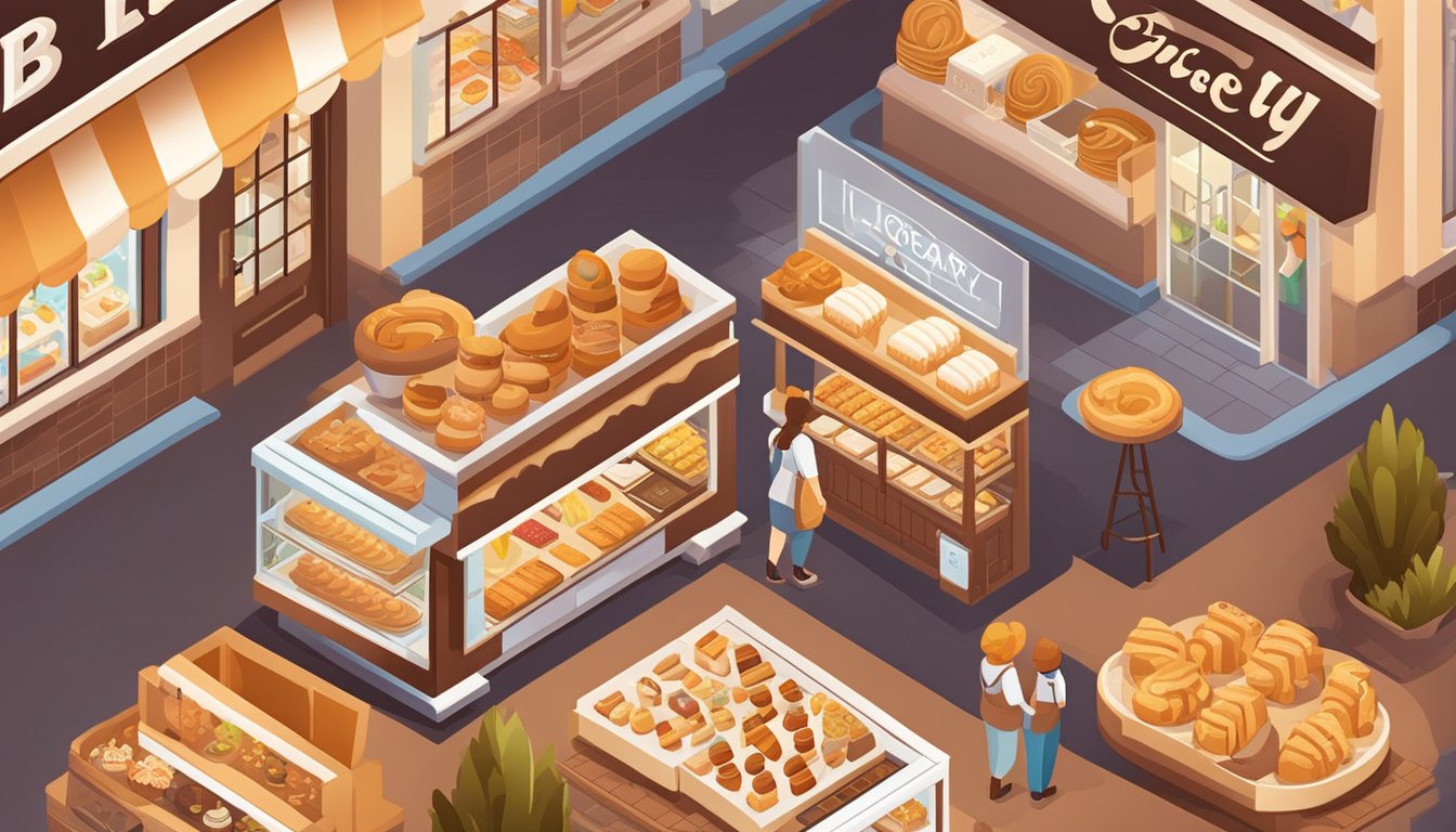 A cozy bakery with fresh bread, pastries, and cakes on display.</p><p>A sign outside advertises "Local Bakery" with a warm, inviting glow