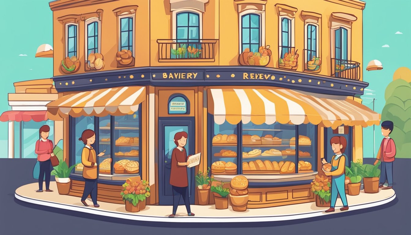 A bakery storefront with a sign promoting customer reviews.</p><p>A line of customers outside.</p><p>A baker handing a fresh loaf to a smiling customer