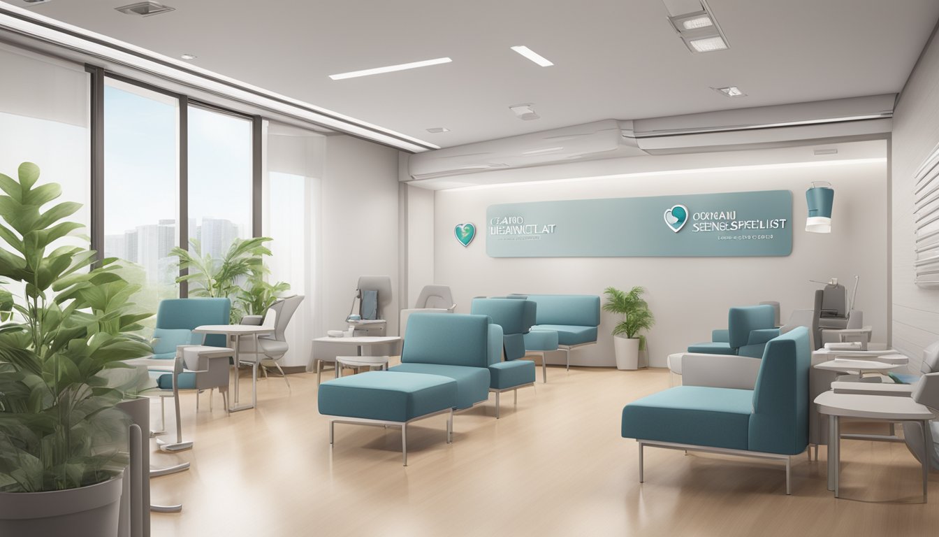 A modern clinic with a sleek design, featuring the name "Dr Tan Svenszeat - Orchard Heart Specialist Clinic | SG Cardiologist" prominently displayed