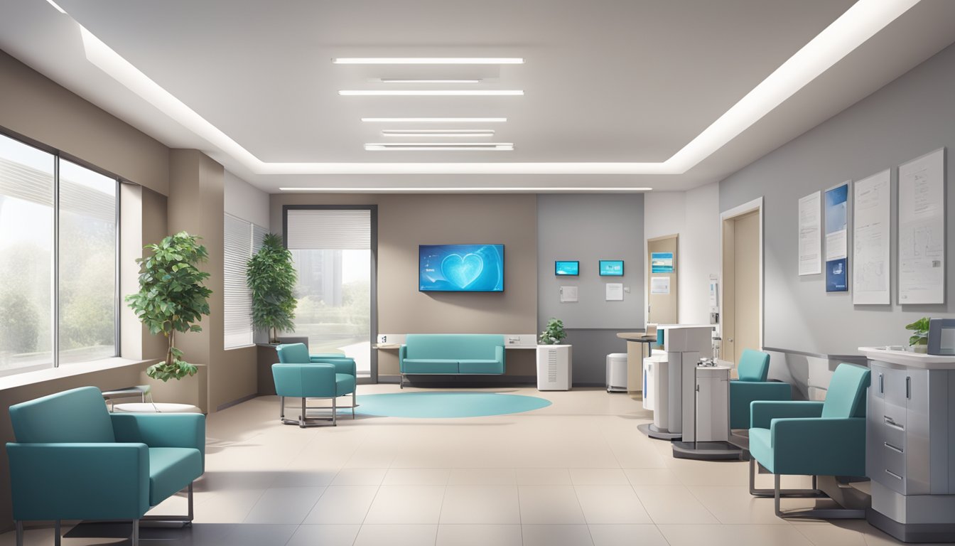 A modern, sleek and professional heart clinic with a welcoming reception area and state-of-the-art medical equipment