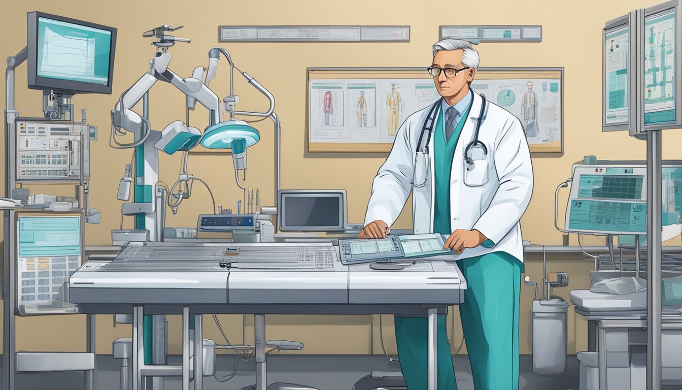 A cardiologist in a hospital setting, surrounded by medical equipment and charts