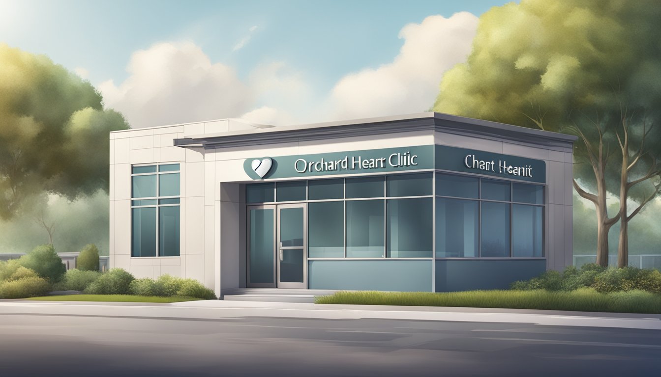 A modern clinic exterior with a prominent sign reading "Orchard Heart Specialist Clinic." A sleek and professional atmosphere, conveying expertise and trust