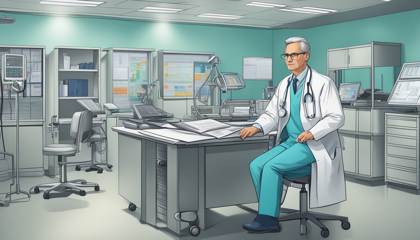 A cardiologist in a hospital setting, surrounded by medical equipment and charts, with a focused and professional demeanor