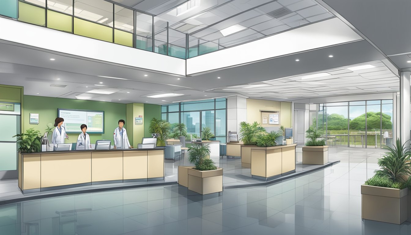 A bustling hospital lobby with a prominent sign for Changi General Hospital. A cardiologist's office with a welcoming atmosphere and modern medical equipment