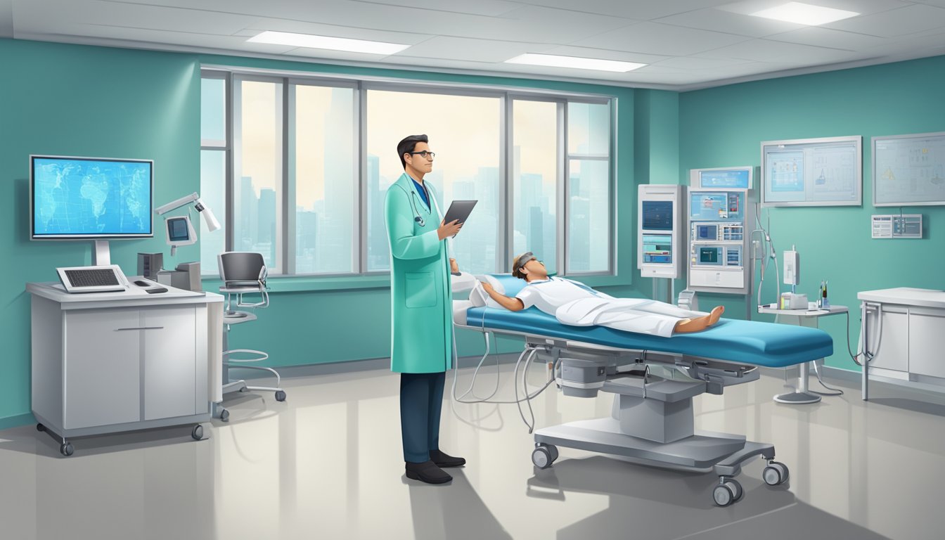A cardiologist in a hospital setting, with medical equipment and a professional environment