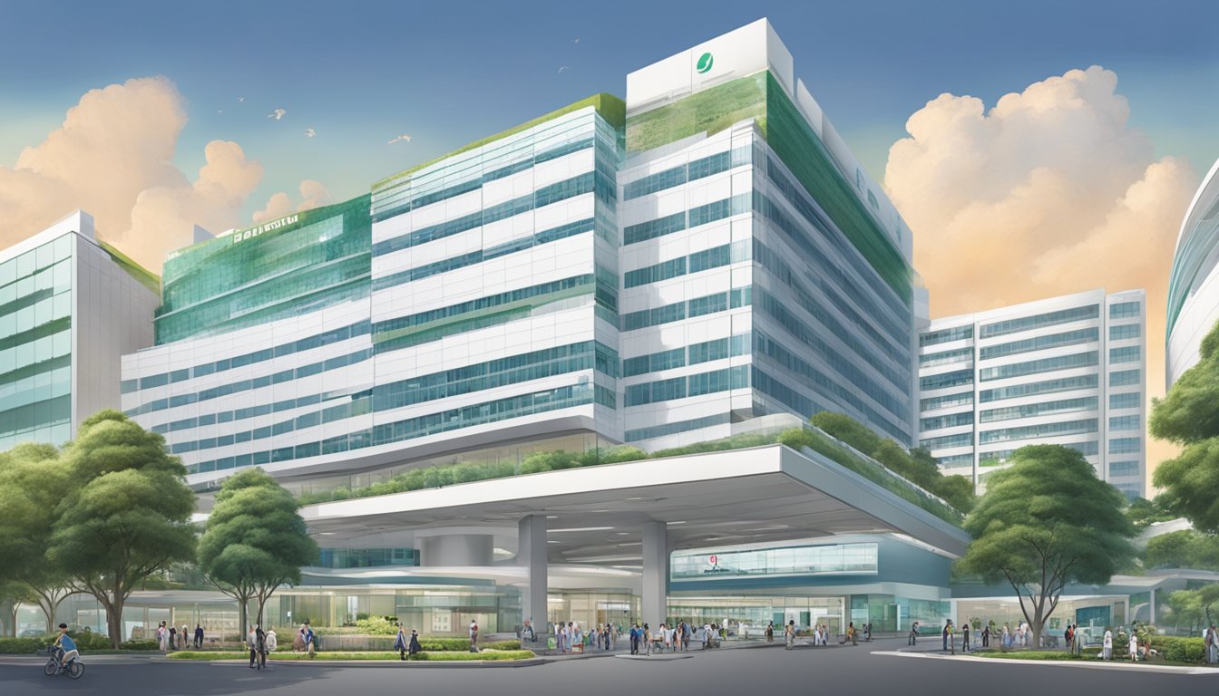 Dr. Goh Yew Seong stands in front of Changi General Hospital, with the hospital's logo prominently displayed on the building. The surrounding area is bustling with activity, indicating a busy medical facility