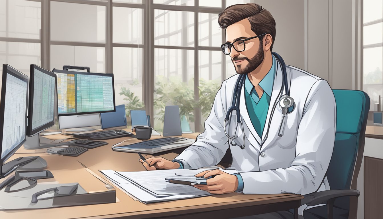 A doctor in a hospital office, with a stethoscope around his neck, sitting at a desk with a computer and medical charts