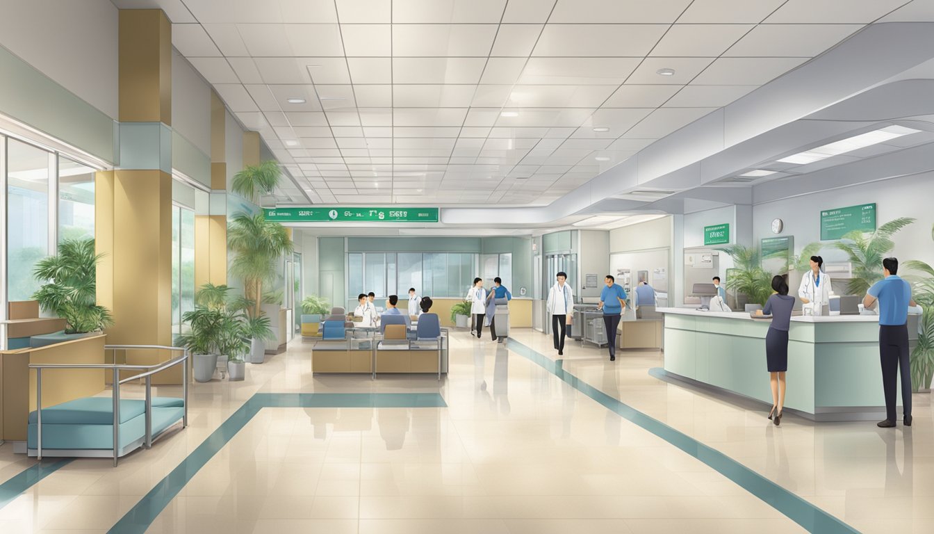 A bustling hospital lobby with a prominent sign for Dr. Goh Yew Seong, Cardiologist. Patients and staff move purposefully through the space