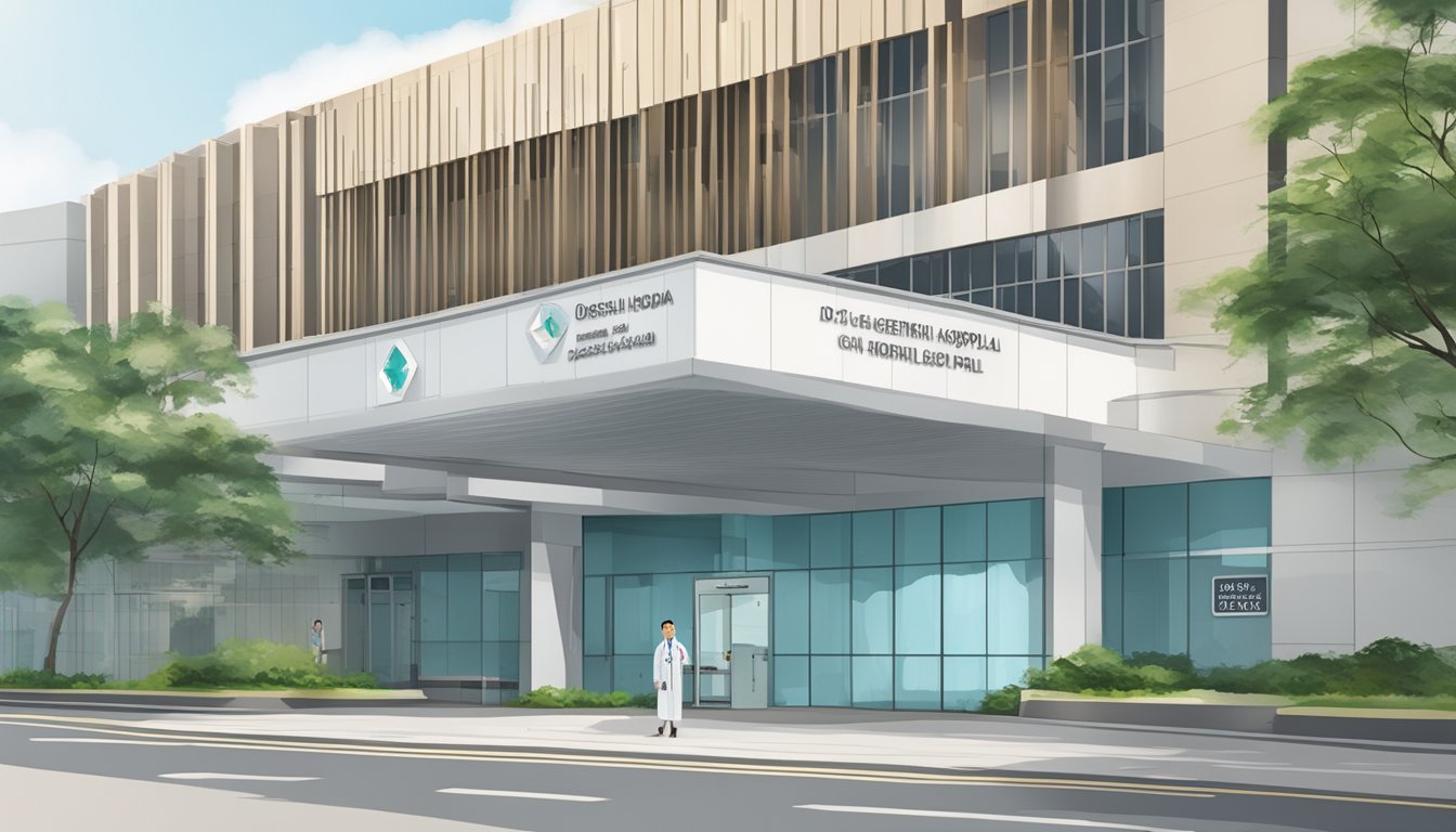 A hospital building with a sign "Changi General Hospital" and a doctor's name "Dr Goh Yew Seong - Cardiologist" with operating hours displayed