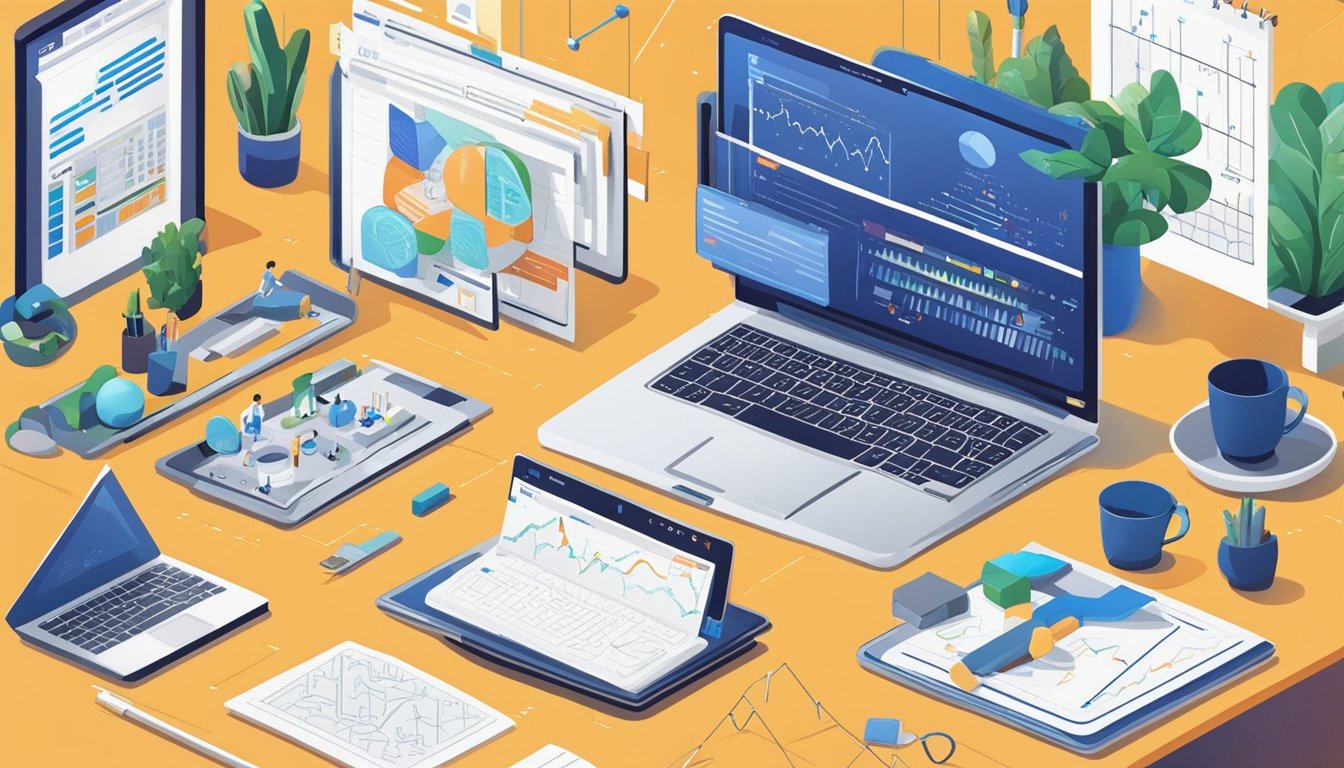 A laptop displaying Ahrefs SEO tools, surrounded by design software and a notebook with sketches