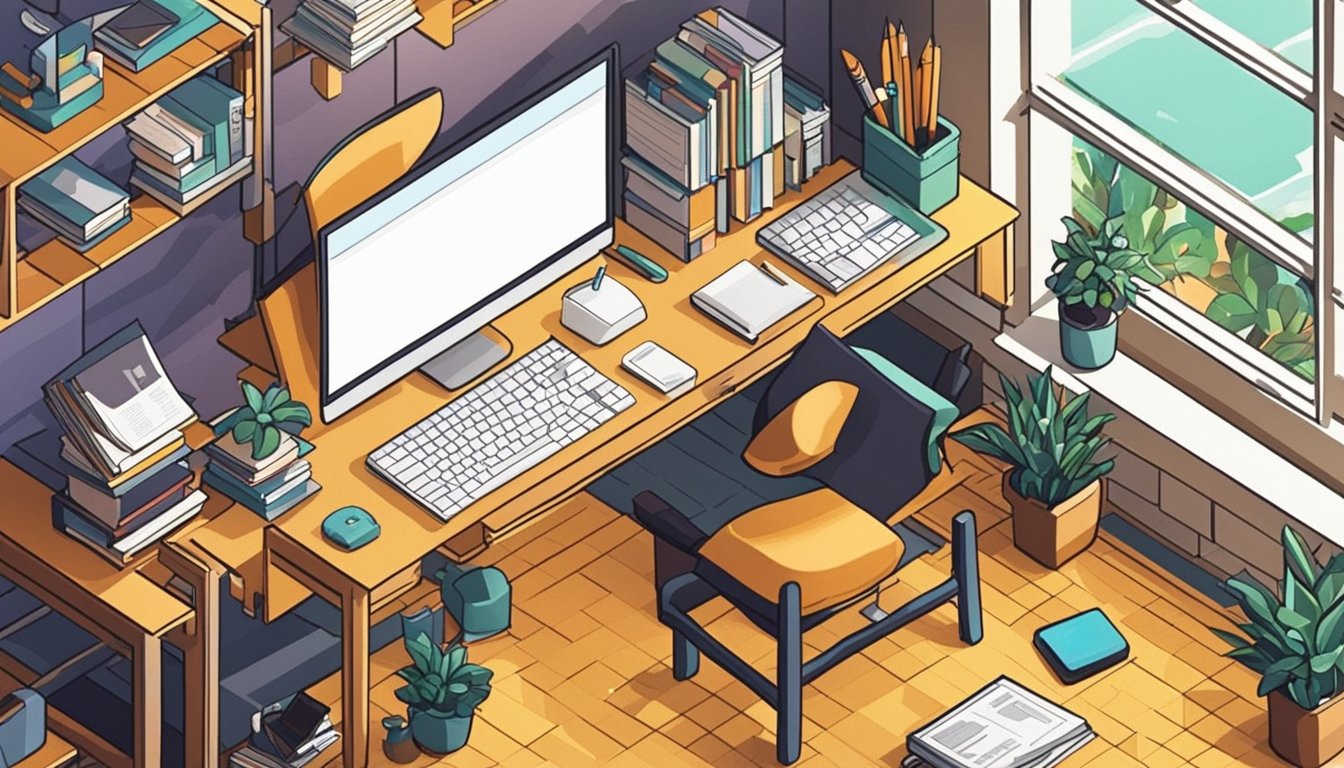 A desk with a computer, sketchpad, and various design tools.</p><p>A window with natural light.</p><p>A bookshelf filled with SEO resources