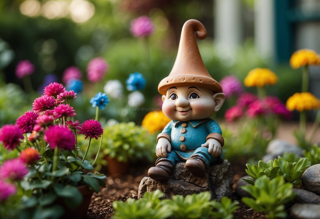 A lush garden with a variety of decor including colorful wind chimes, whimsical garden gnomes, a bubbling fountain, and vibrant floral planters