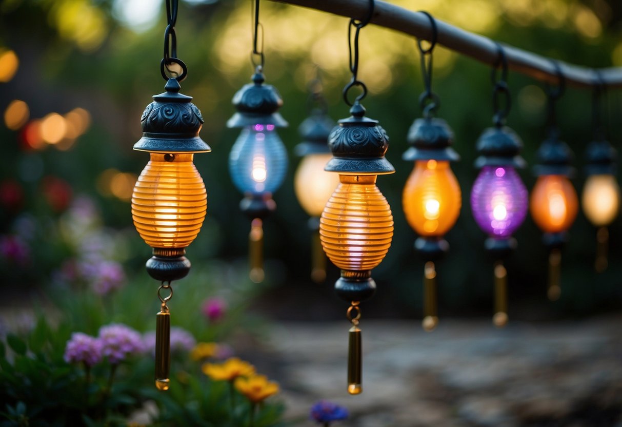 A backyard garden with solar-powered lights illuminating the pathway and various decorative elements such as colorful wind chimes, hanging lanterns, and whimsical garden statues