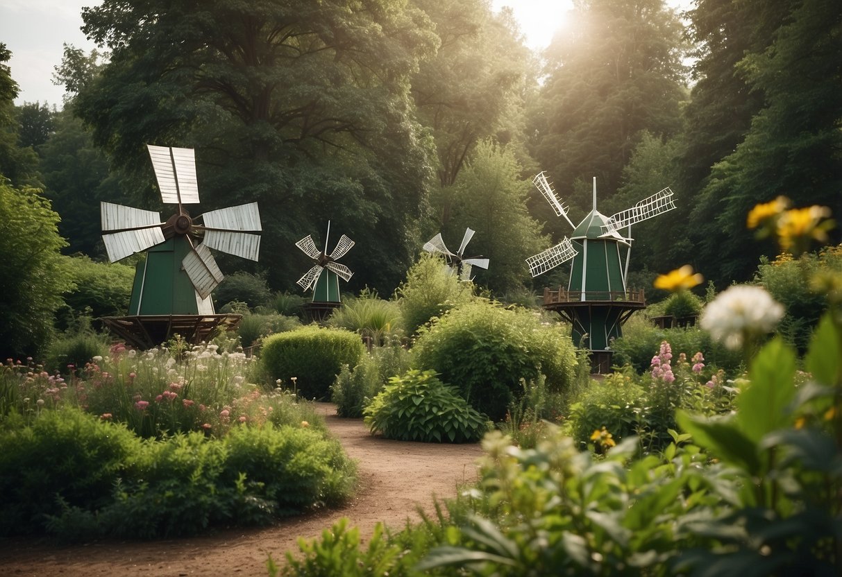 A serene garden with 10 vintage metal windmills scattered among lush greenery, creating a whimsical and rustic atmosphere