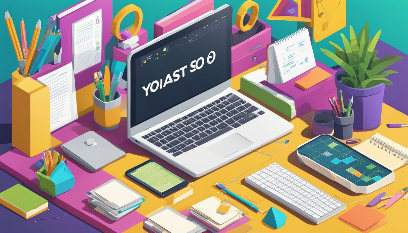 A desk cluttered with design tools, computer, and a notepad with "Yoast SEO 10 Best SEO Tools for Freelance Designers" written on it