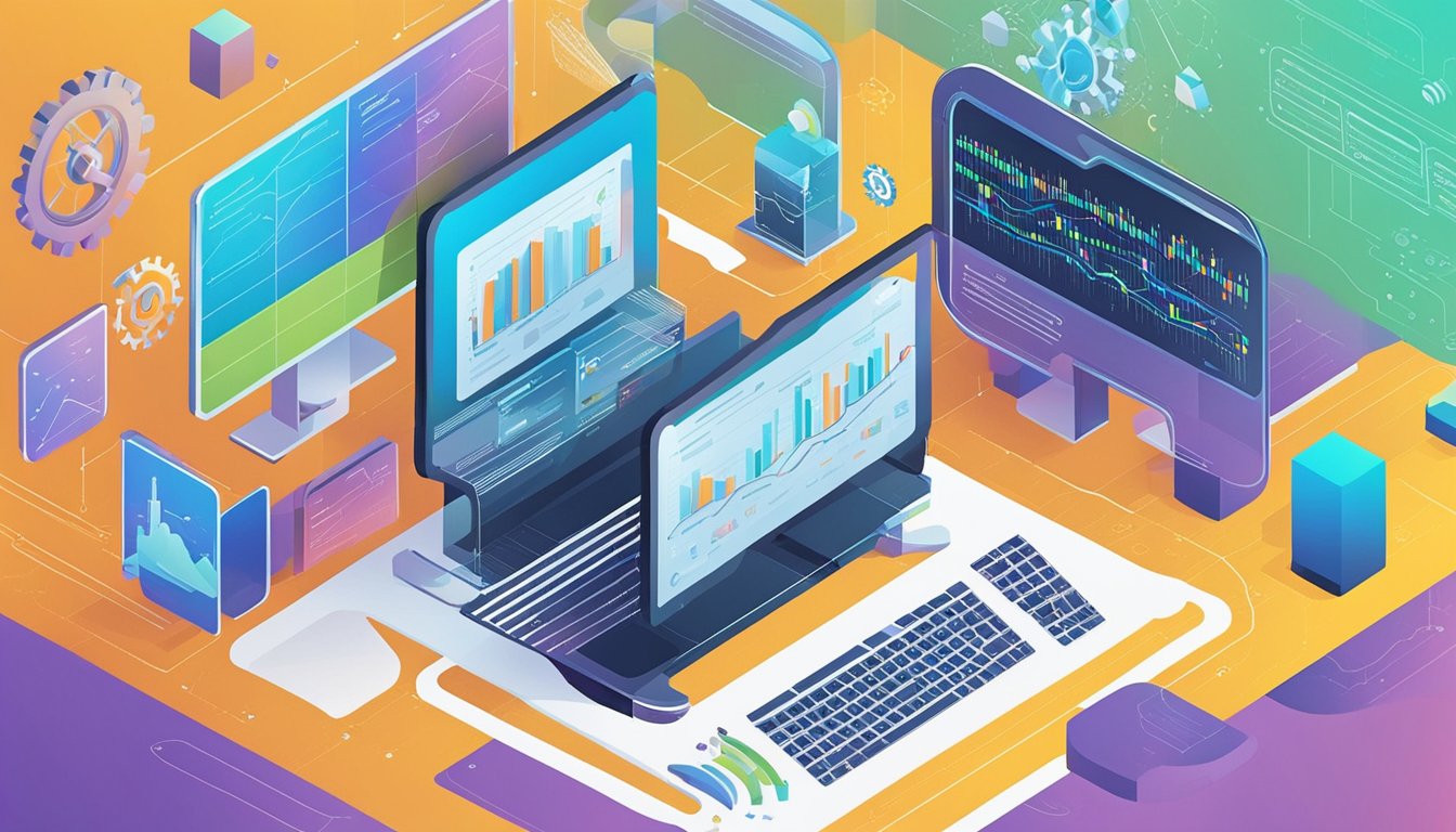 The scene depicts a computer screen displaying technical SEO techniques and advanced SEO techniques for SaaS platforms.</p><p>The screen shows graphs, charts, and data visualizations to represent site performance improvement