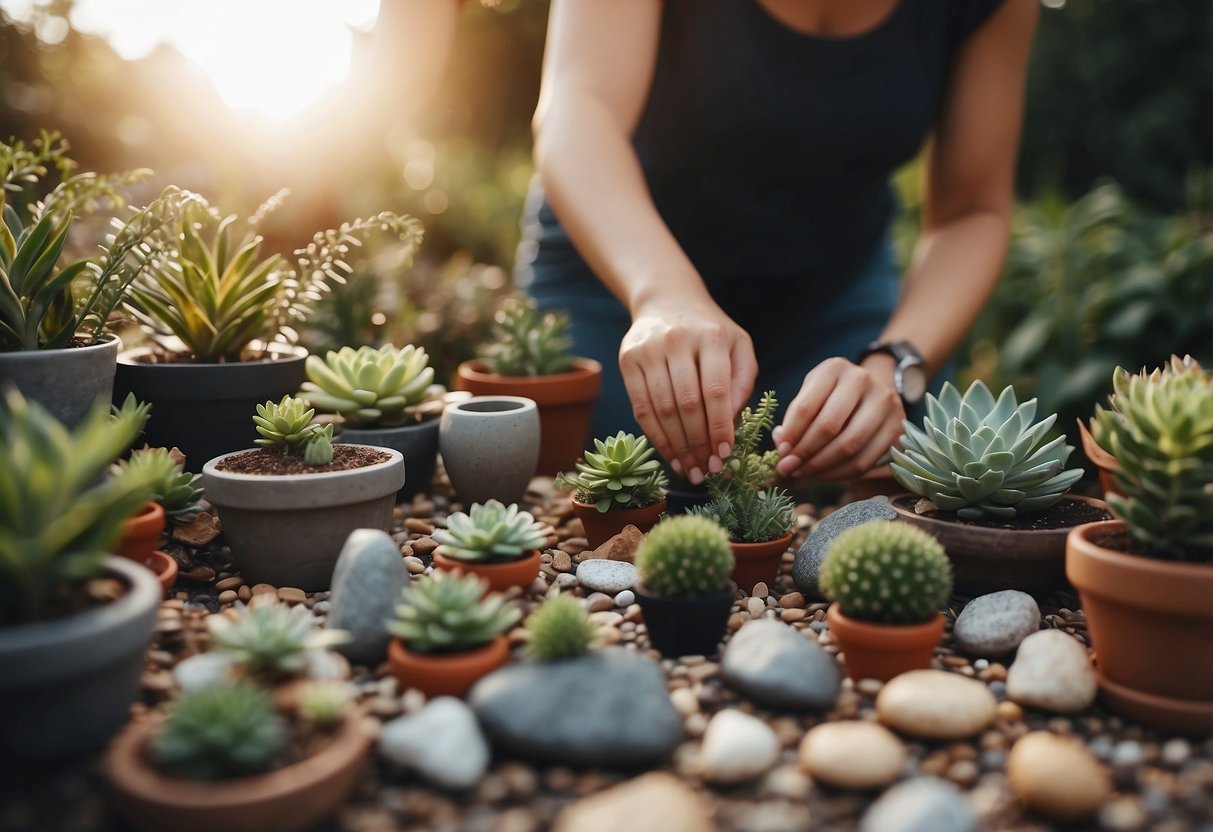 A person arranging various garden decor items on a table, including pots, plants, fairy lights, and decorative stones