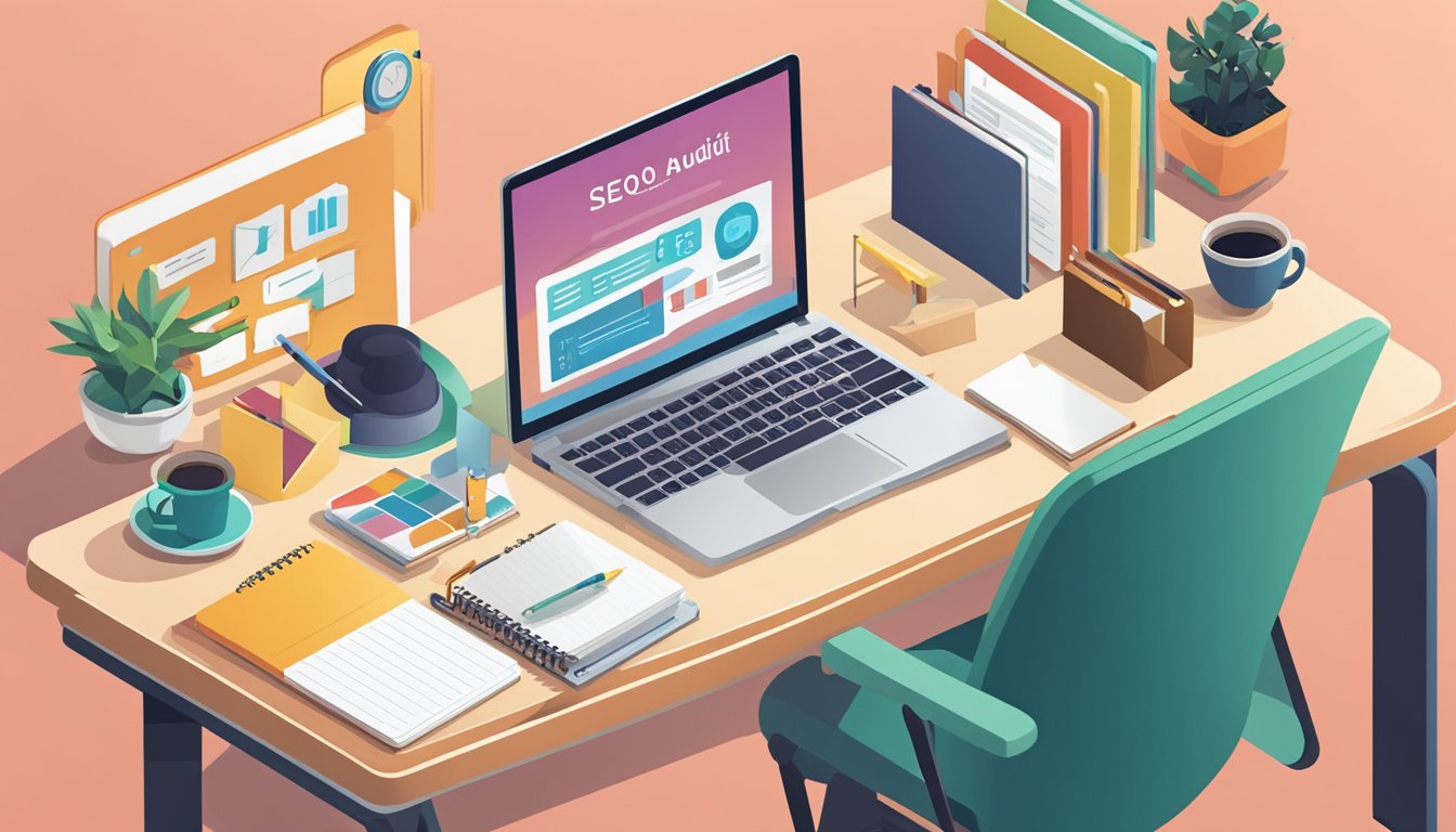 A desk with a laptop, notebook, and pen.</p><p>A checklist titled "12 Steps for a Comprehensive SEO Audit Checklist for Hospitality Websites" displayed on the screen