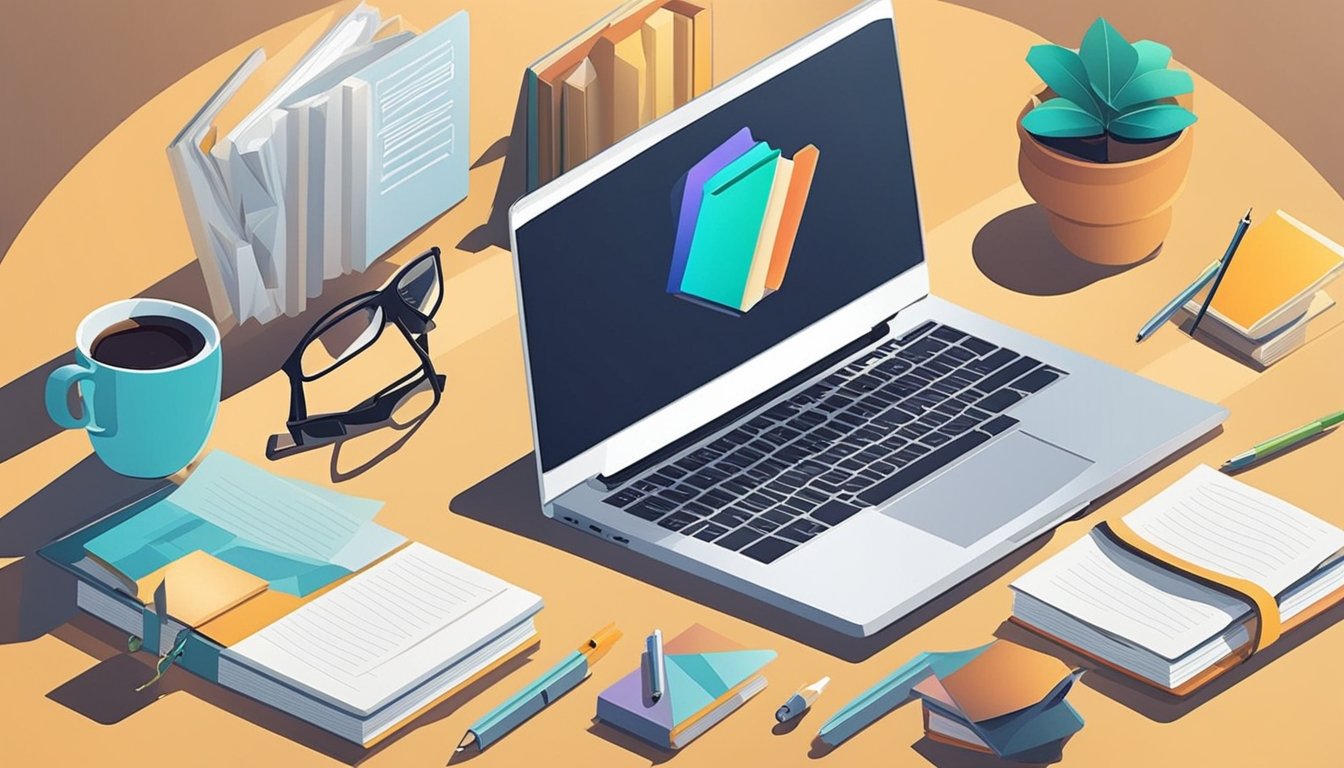 A laptop on a desk surrounded by books and a notepad.</p><p>A cup of coffee sits nearby as the screen displays "6 Essential SEO Tips for Beginner Personal Development Blogs."