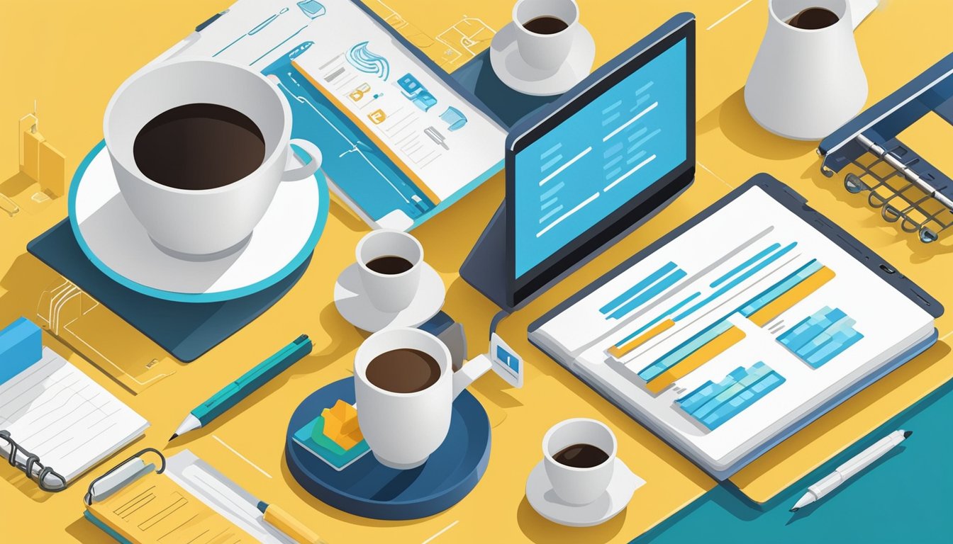 A laptop displaying a checklist for a hospitality website SEO audit, surrounded by coffee cup, notepad, and pen