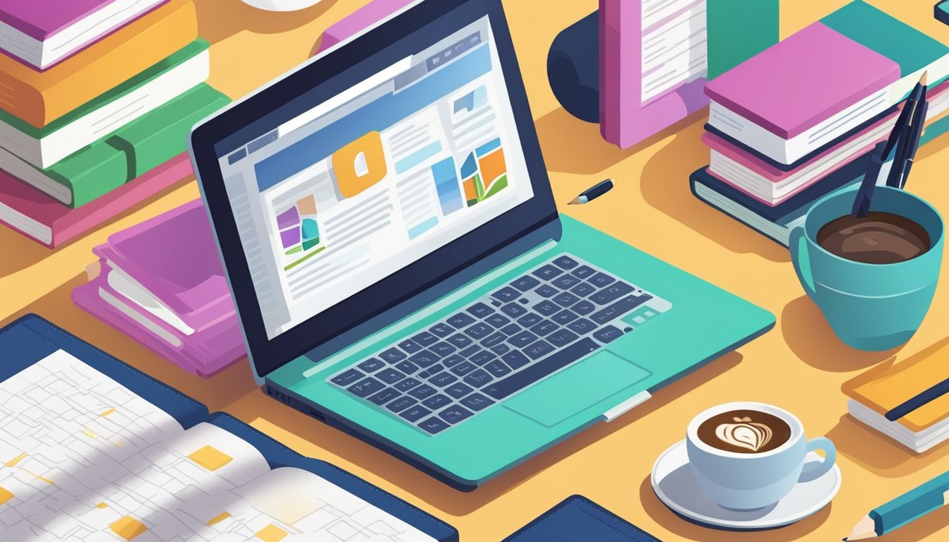 A laptop open on a desk with a notepad and pen, surrounded by parenting books and a cup of coffee.</p><p>A website with "11 Essential SEO Tips" displayed on the screen