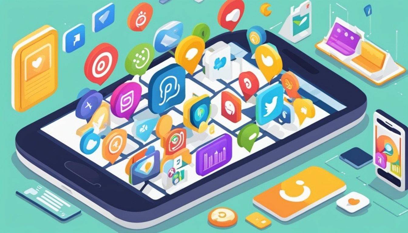 A mobile phone with a blog post titled "11 Essential SEO Tips for Beginner Parenting Blogs" displayed on the screen.</p><p>The phone is surrounded by colorful icons representing various social media platforms