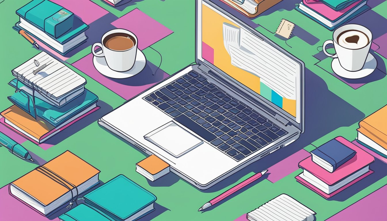 A laptop surrounded by books and a notepad, with a cup of coffee nearby.</p><p>SEO keywords and blog topics written on the notepad