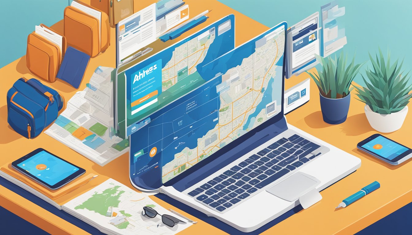 A laptop open on a desk with Ahrefs website displayed, surrounded by travel-related items like a map, camera, and notebook