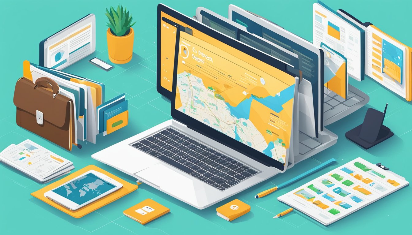 A laptop displaying Ubersuggest's 9 best SEO tools for small travel blogs, surrounded by travel-related items like a map, camera, and passport